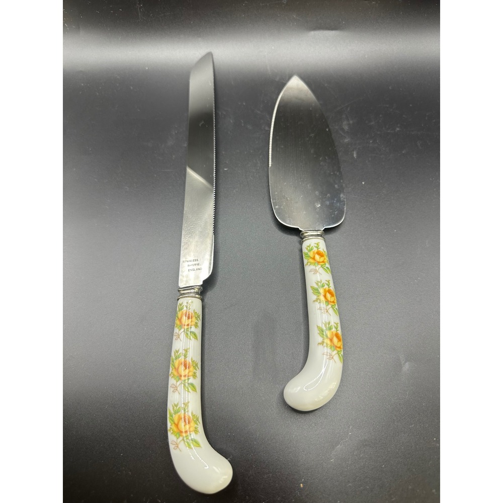Vintage Sheffield England Stainless Steel Cake Server Knife Set Yellow Rose